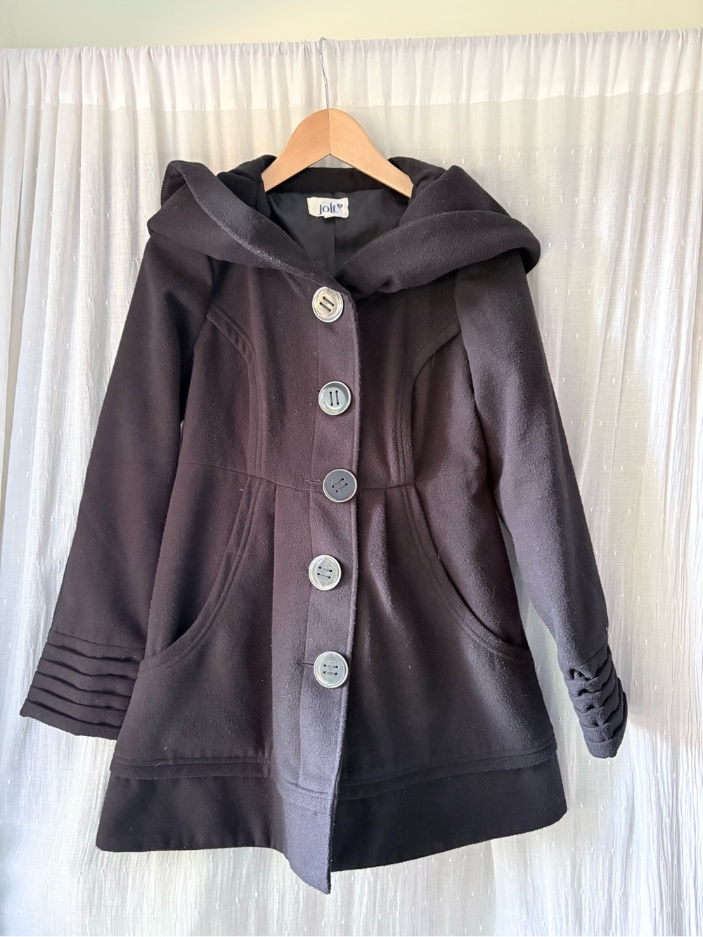 Y2K Jolt Women's Black Hooded Peacoat with Decorative Cuffs